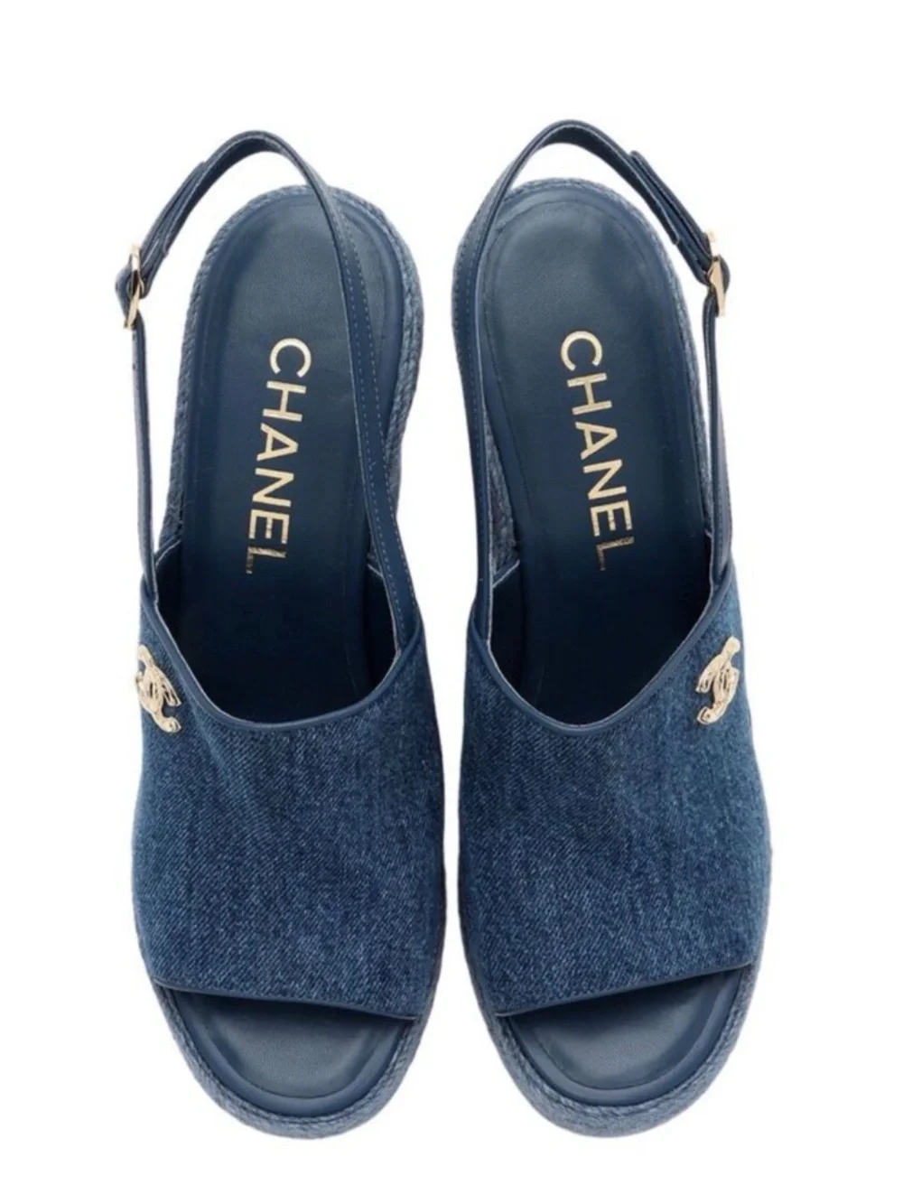 Chanel Washed Denim CC Wedge Sandals - Size 37 EU